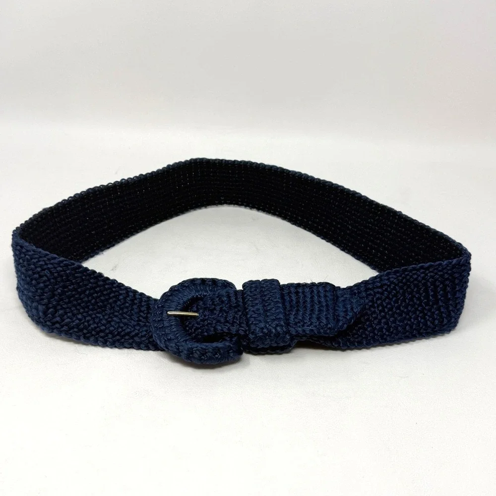 Womens Vintage Woven Belt Set 2 Navy‎ Blue Crochet & Green Braided Tapestry M/L